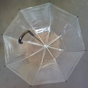 Clear transparent umbrella with long straight handle and sturdy metal ribs for rain protection.