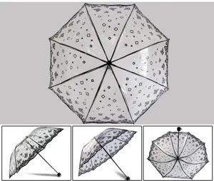Dettaglio ombrello pieghevole trasparente con farfalla nera e stampe geometriche.