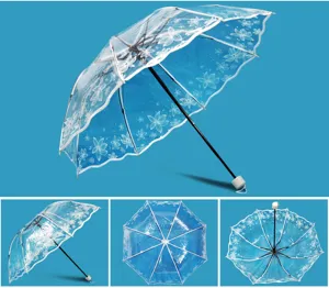 Transparenter floraler Regenschirm mit blauem Schirmdach, Wellrand und praktischen Details.