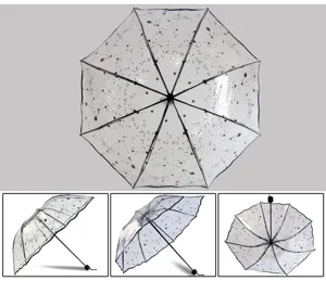 Ombrello pieghevole trasparente con elegante stampa di costellazioni e telaio nero.