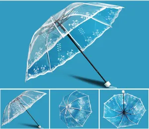 Transparenter Klappschirm im Detail, wasserdichter Bezug mit elegantem weißen Blumenmuster.