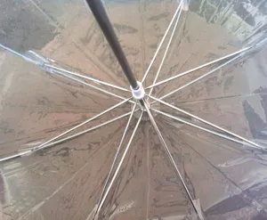 Detailed interior view of a clear transparent umbrella showing sturdy metal ribs and pole structure.