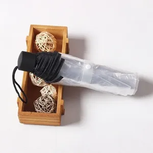 Clear folding umbrella detail showcasing transparent design, black handle, and compact structure.