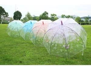 Clear transparent cherry blossom long handle umbrella detail, stylish floral print sun rain umbrella.