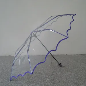 Transparent clear umbrella detail, POE material with purple lace trim and folding frame.