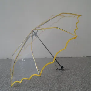 Detailed view of transparent folding umbrella, clear waterproof POE fabric, yellow trim.