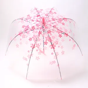 Transparent Cherry Blossom Long Handle Umbrella Fresh Sun And Rain Umbrella Clear Floral Umbrella For Women