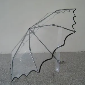 Transparent folding umbrella with black scalloped edge, POE material for adults rain gear.