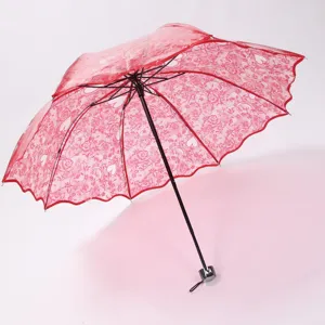 POE Plastic Lace Heart Transparent Foldable Umbrella Waterproof Rain Gear Portable Trendy Folding Umbrella