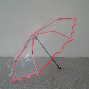 Transparent Folding Umbrella Clear POE Rain Umbrella with Pink Scalloped Edge Trim