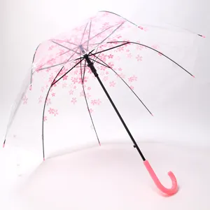 Transparent long handle umbrella with pink cherry blossom floral pattern and curved handle