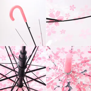 Clear long handle umbrella with beautiful pink cherry blossom floral print design for rainy and sunny.