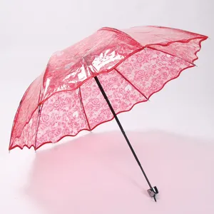 Korean style red lace heart folding transparent umbrella for stylish women rain gear