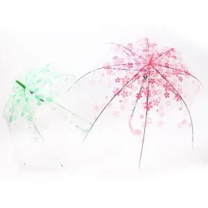 Clear transparent cherry blossom long handle umbrella, aesthetic floral sun rain umbrella.
