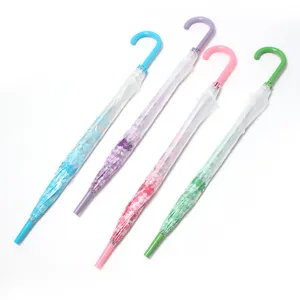 Transparent long-handled umbrella with beautiful cherry blossom patterns and colorful J-hooks.