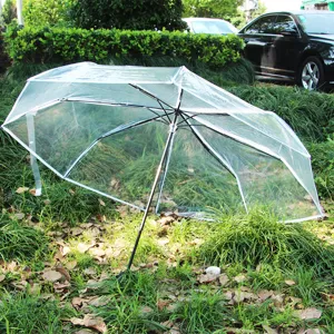 Clear transparent folding umbrella, auto three-fold rain umbrella for outdoor travel use.