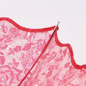 Detailed view of the pink lace folding umbrella showing intricate floral pattern and durable frame.