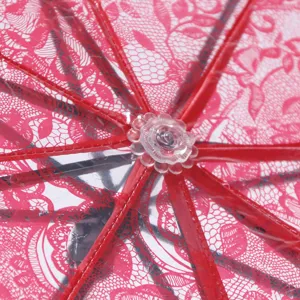 Close-up view of the pink lace transparent umbrella interior showing delicate floral lace pattern.