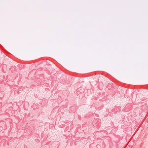 Transparent umbrella detail featuring pink lace floral pattern and red scalloped edge design.