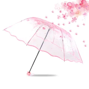 Transparante Kersenbloesem Opvouwbare Paraplu Drievoudige Automatische Regen- en Zonneparaplu voor Vrouwen Bloemrijke Duidelijke Parasol