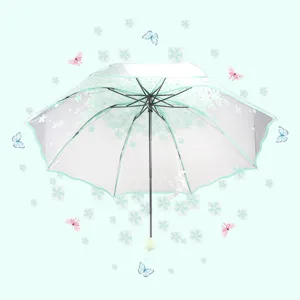 Transparante opvouwbare paraplu met kersenbloesemmotief en mintgroene rand voor regen.