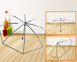 Clear folding umbrella with black ribs, transparent POE material, rain and sun protection.