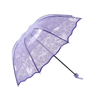 Korean style purple lace transparent folding umbrella with romantic heart and floral patterns.