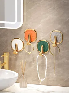 Luxury bathroom wall hooks sticky punch-free gold trim diamond pattern home storage decor