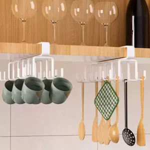 Under cabinet mug holder and utensil rack kitchen organizer hooks
