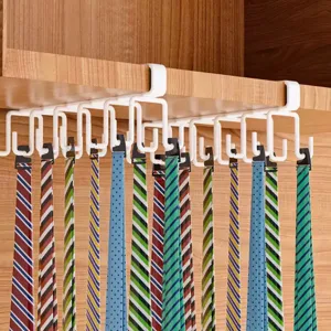 No-drill white under-shelf storage rack with multiple hooks for ties or kitchen tools