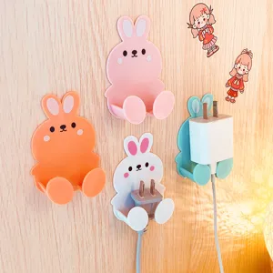 Cute cartoon rabbit plug hook punch-free socket holder adhesive wall organizer for home