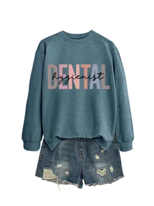 Damen lässiger Rundhalsausschnitt Langarm Sweatshirt Jeansshorts Dental Hygienistin Top