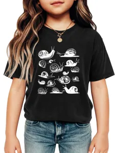 Kids black short sleeve t-shirt featuring creative white snail graphic prints.