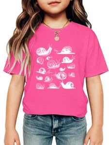 Close-up detail of kids pink short sleeve t-shirt featuring cute white snail graphic prints.