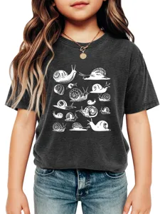 Detailed close-up view of the charcoal grey kids t-shirt featuring artistic white snail graphic prints.