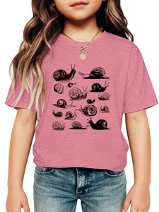 Kids pink crewneck short sleeve t-shirt featuring vintage style black snail graphic prints for casual wear.
