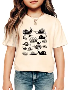 Close-up detail view of children short sleeve t-shirt featuring vintage black snail print.
