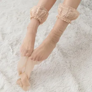 Bas transparents nude avec bordure en dentelle élégante, détail délicat de la jambe.