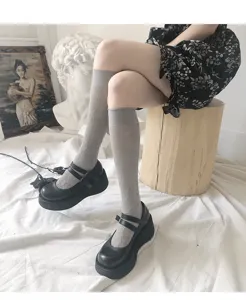 Grey lace floral mid-calf socks detail, sweet thin long tube hosiery for cute outfits.