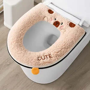 Fundas De Asiento De Inodoro De Felpa Gruesa De Invierno Suave Con Cremallera Y Bordado De Oso Accesorios De Baño Para El Hogar