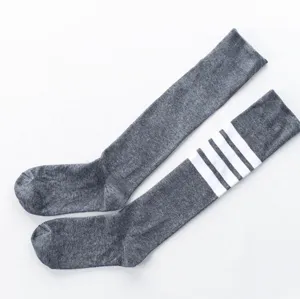 Women grey knee high socks with white stripes cotton casual college style long tube hosiery