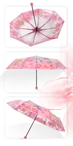 Close-up detail of the clear folding umbrella featuring beautiful pink cherry blossom patterns.