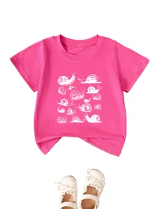 Pink cotton short sleeve children t-shirt with cute white snail print graphic design.