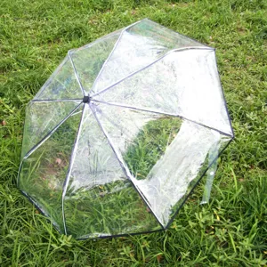 Paraguas plegable transparente con borde negro, ideal para días de lluvia y uso al aire libre.
