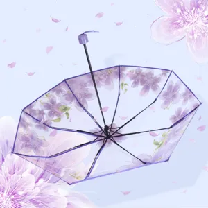 Purple transparent cherry blossom folding umbrella for students, clear floral rain gear.
