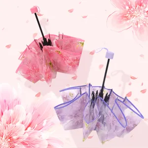 Floral transparent folding umbrella, cute cherry blossom design, clear rain umbrella for students.