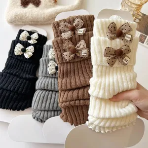 Mujeres Lindos Calentadores de Piernas Tejidos Estilo Japonés JK Invierno Cálido Slouch Calcetines Con Lazo