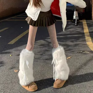 Y2K invierno grueso peluche calentadores marron falda plisada botas de nieve calcetines