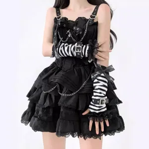 Gothic y2k black dress with striped lace arm sleeves, punk buckle and chain design for edgy style.