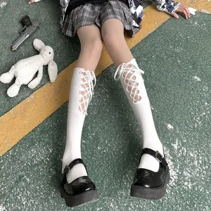 White mid-calf lace-up socks for women, cross hollow-out design, sexy summer thin style for legs.